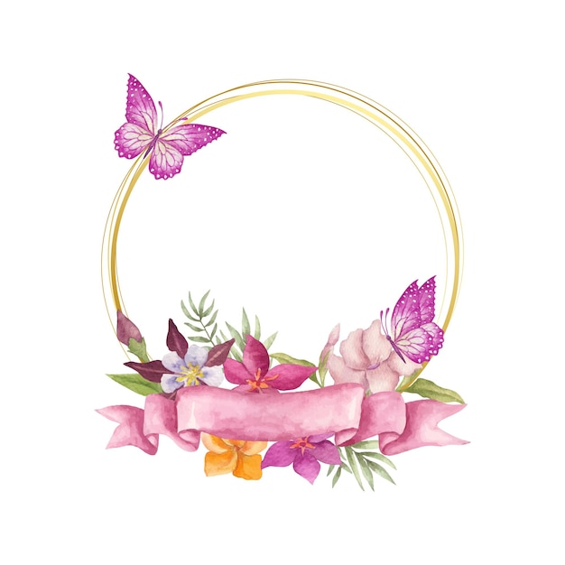 Vector marco floral de boda decorativo acuarela con banner de cinta