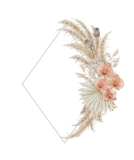 Marco floral de Bohemia con pampas secas, hojas de palma secas, vainas de amapola y orquídeas
