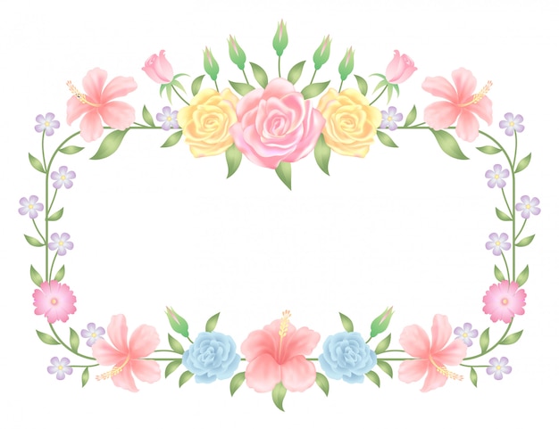 Marco floral colorido y hermosas flores de color rosa y decoración de plantilla de hojas.