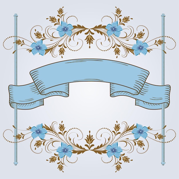 Vector marco floral decorativo de adorno y cinta.