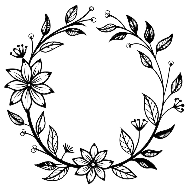 Marco floral dibujado a mano con contornos en blanco y negro