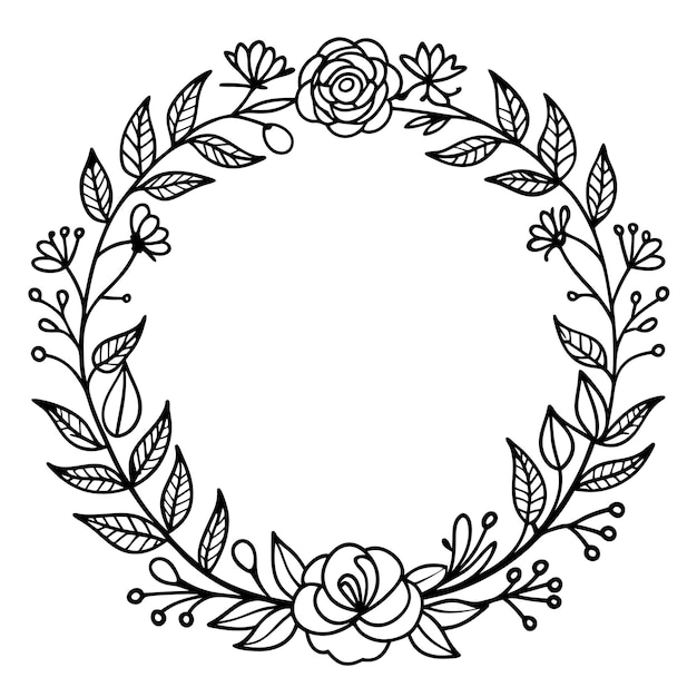 Marco floral dibujado a mano con contornos en blanco y negro