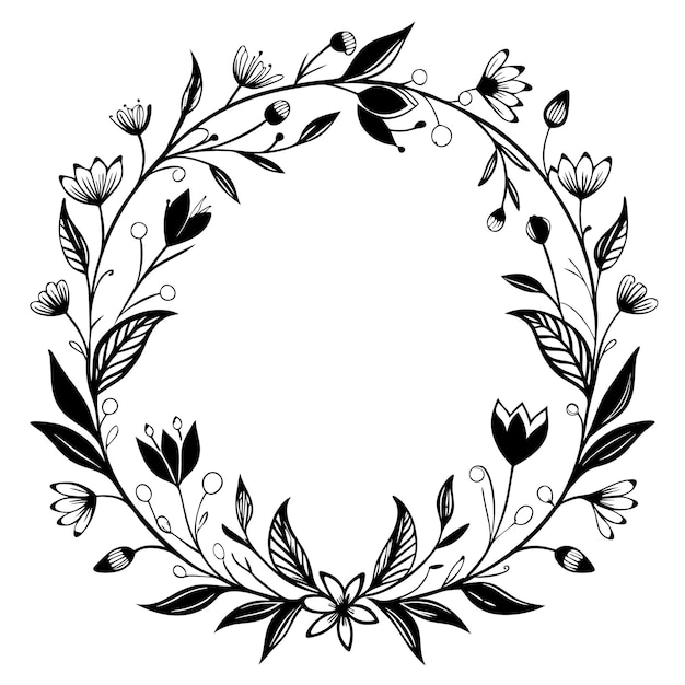 Marco floral dibujado a mano con contornos en blanco y negro