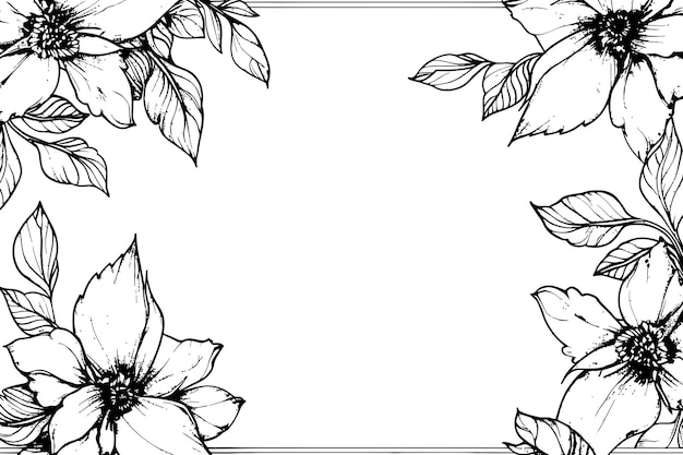 Marco floral con diseño de ilustración vectorial de flores con tinta negra