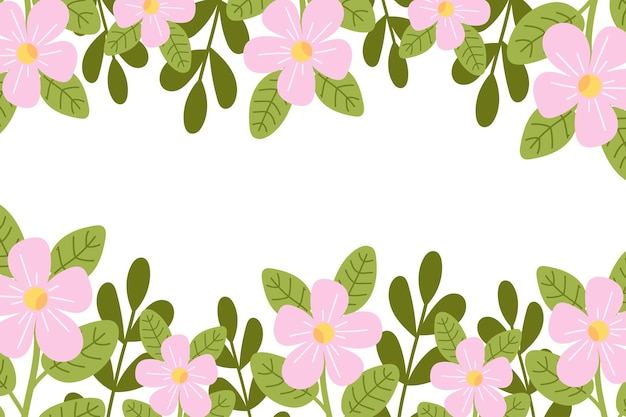 Marco floral con flores rosadas y hojas verdes sobre un fondo blanco