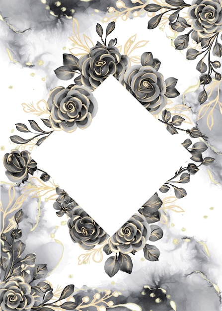 Vector marco floral de fondo acuarela rosa negro y dorado con espacio en blanco