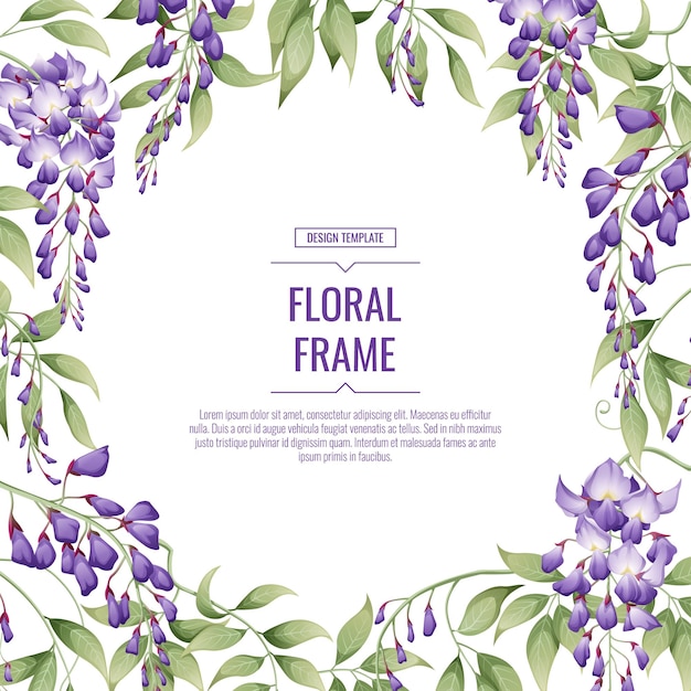 Marco floral con fondo de glicina púrpura para el diseño de volantes de banners de tarjetas de invitaciones