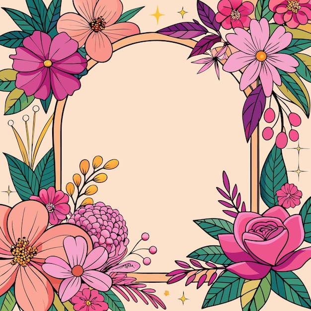 Marco floral con un fondo de melocotón Flores rosadas y estrellas doradas