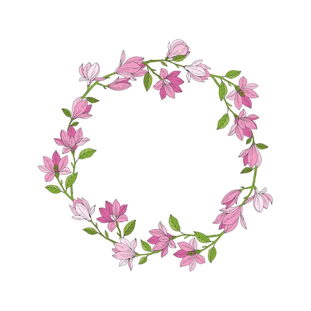 Marco floral de magnolia Rosado hermoso círculo floral Diseño Ilustración vectorial