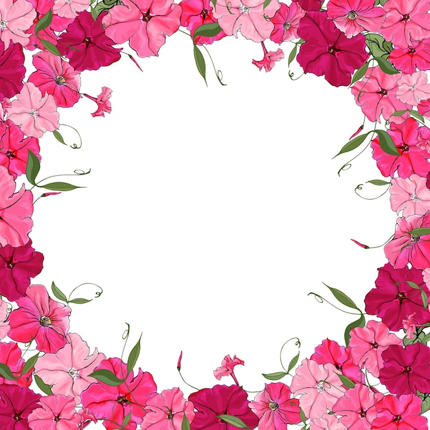 Vector marco floral con petunia de flores rosadas.