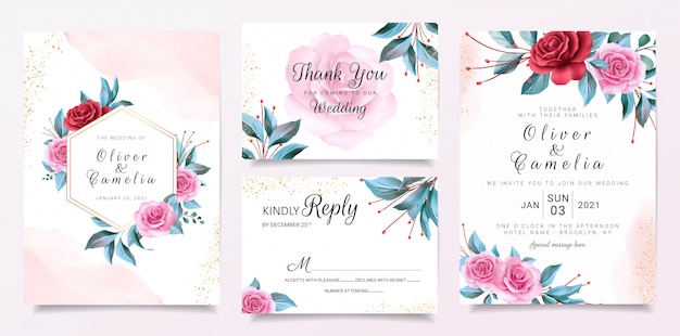 Marco floral plantilla de tarjeta de invitación de boda con decoración de flores y fondo de acuarela