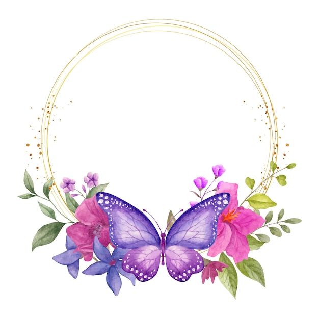 Vector marco floral de primavera acuarela con hermosas mariposas