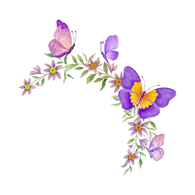 Marco floral redondo acuarela dibujado a mano con hermosas mariposas