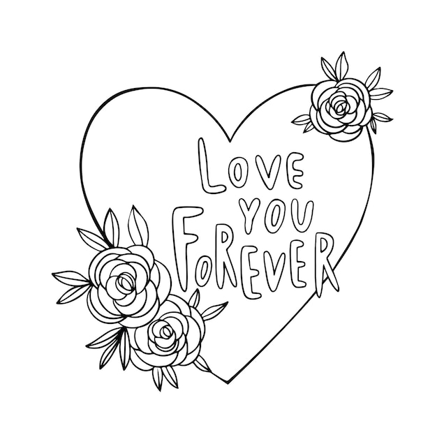 Marco floral rústico dibujado a mano Corona de corazón de laurel para invitación de boda o postal de vacaciones Elemento de diseño natural Letras de amor para siempre