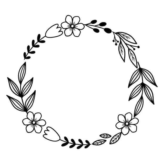 Marco floral de vector con ramas y flores Ilustración de vector de línea de dibujo de contorno