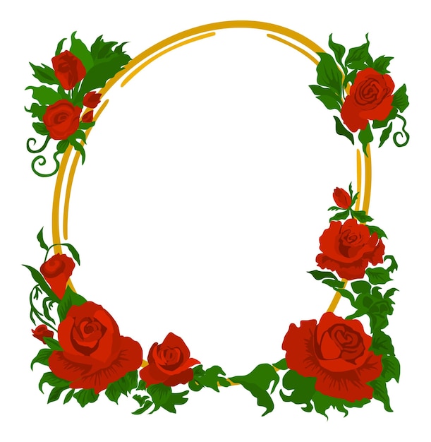 Marco floral vectorial redondeado con rosas rojas y hojas aisladas sobre fondo blanco