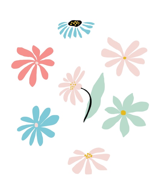 Marco de flores abstractas en colores pastel. Guirnalda de diseño floral simple de verano. Ilustración de vector isolatd sobre fondo blanco. Plantilla de tarjeta de flor de Doodle. Composición de moda.