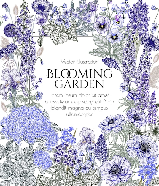 el marco de las flores azules hortensias phlox violetas delphinium iris flores de maíz bluebells