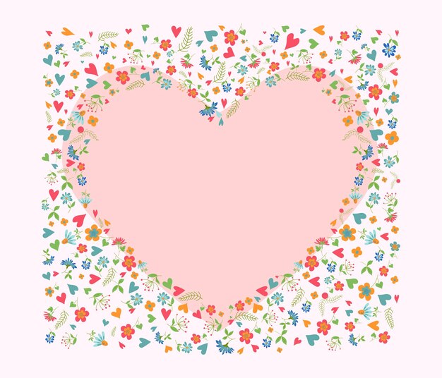 Marco de flores en forma de corazón para tarjetas postales de boda Flores hojas y corazones Ilustración vectorial