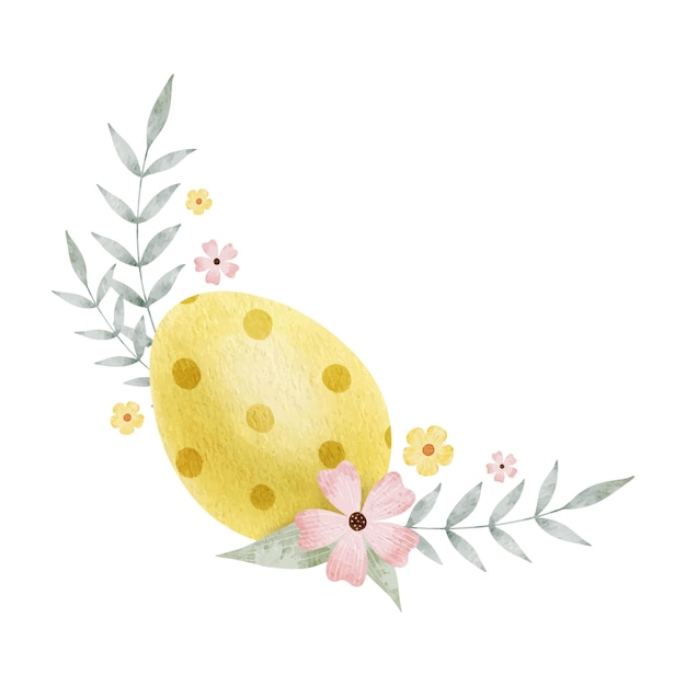 Marco de flores de huevos de Pascua deja el concepto de Pascua con ilustración de acuarela de huevo de Pascua amarillo.