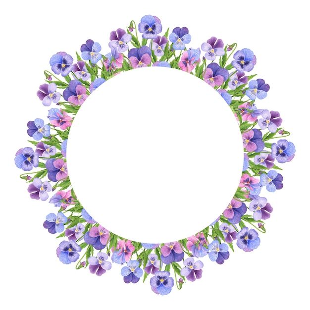 Vector marco de flores redondas hecho de pansies acuarela plantilla de flores dibujadas a mano para tarjeta de primavera