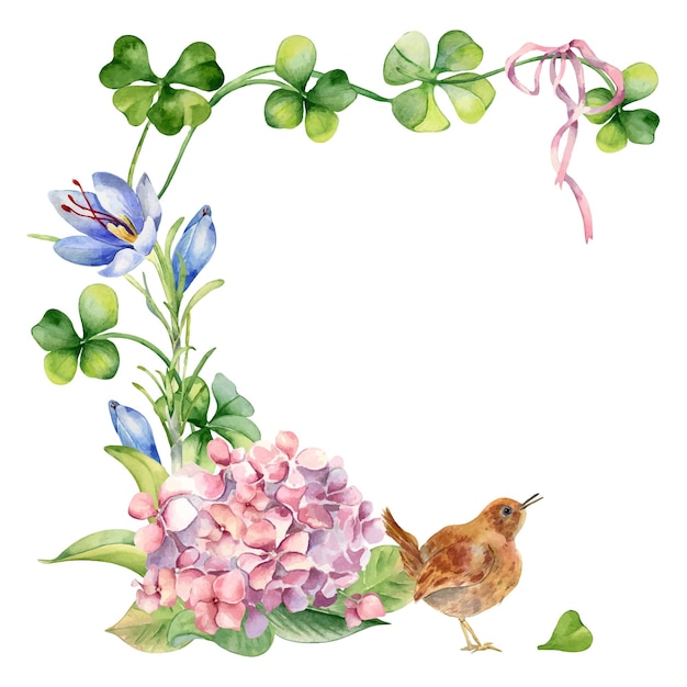 Marco con flores de trébol y ilustraciones en acuarela de pájaros aisladas en blanco pintado con trébol y azafrán tarjeta del día de san patricio dibujada a mano elemento de diseño para las vacaciones de primavera de la pascua irlandesa