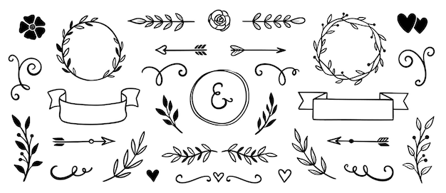 Vector marco de flores vintage cinta doodle elemento doodle dibujado a mano lindo borde floral flecha bandeja cinta conjunto de bodas elemento remolino marco floral flor elemento decorativo ilustración vectorial