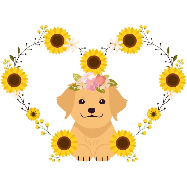 El marco en forma de corazón de la corona de flores con el perro golden retriever en estilo vectorial plano