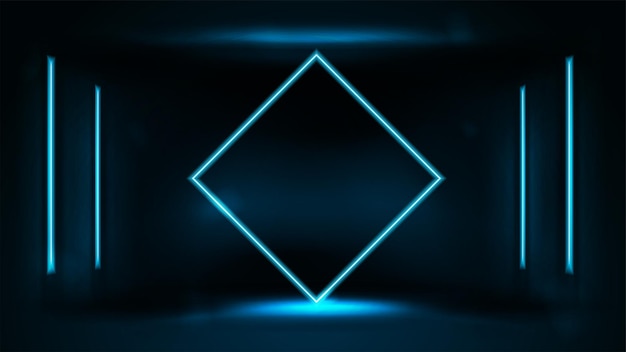 Marco en forma de diamante azul neón con lámpara de neón de línea en la pared en una habitación oscura sobre fondo borroso