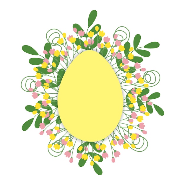 Marco en forma de huevo con ramas de flores decorativas y hojas plantilla de diseño de saludos de Pascua aislada