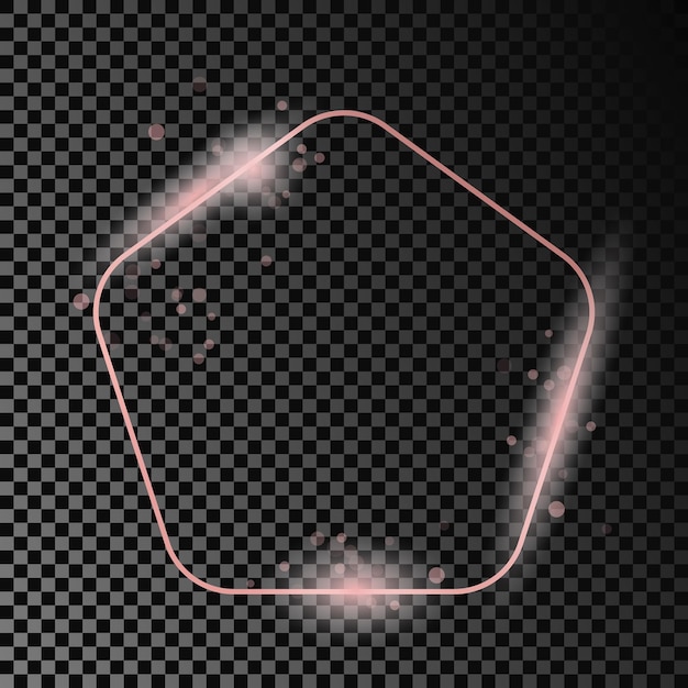 Marco de forma de pentágono redondeado brillante de oro rosa aislado en un fondo transparente oscuro Marco brillante con efectos brillantes Ilustración vectorial