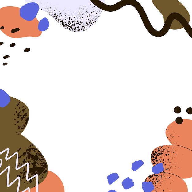 Marco de formas abstractas sobre fondo de tarjeta cuadrada. Diseño moderno y minimalista de publicaciones en redes sociales con adorables elementos geométricos orgánicos de garabatos, ondas, líneas, trazos y patrones de salpicaduras. Ilustración de vector plano.