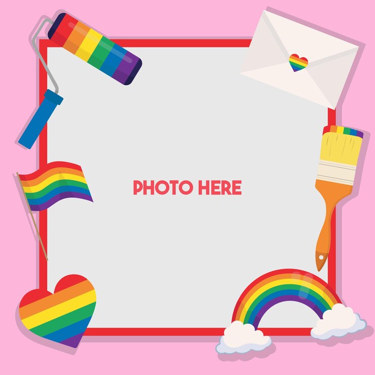 Vector marco fotográfico para el festival del mes del orgullo bandera rainbow lgbtq e ilustraciones planas