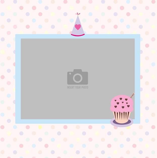 Marco de fotos de álbum de feliz cumpleaños para niños con gorro de celebración y fondo de lunares de cupcake