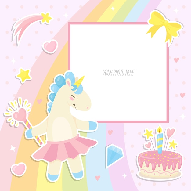 Vector marco de fotos de bebé con lindo arco iris de cristal de pastel de unicornio y otros elementos