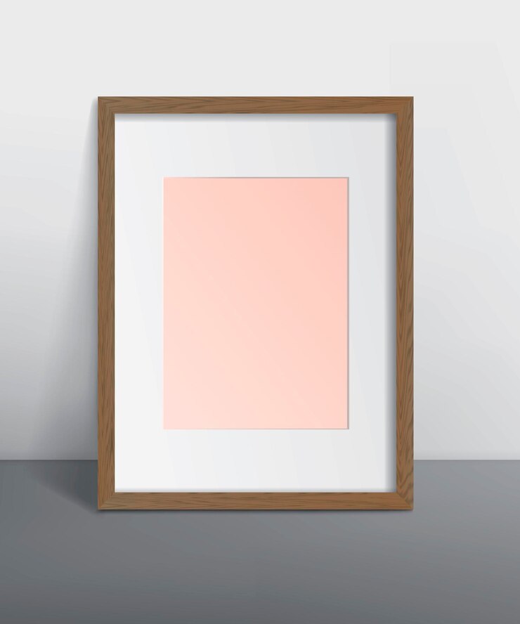Vector marco de fotos de madera vacía sobre la mesa con el telón de fondo de la pared gris.