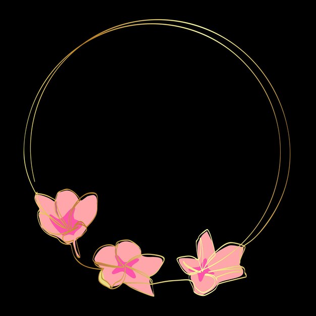 Marco de frangipani y círculo de oro en línea simple o continua de vector de boceto simple