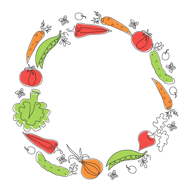 Marco de franja verduras línea de dibujo doodle comida natural vegetariana espacio de comida saludable para el texto