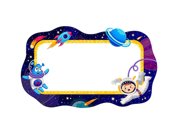 Marco fronterizo con planetas espaciales, estrellas y nave espacial en la galaxia estrellada, vector, copia, espacio, fondo.