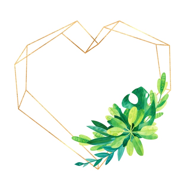 Marco geométrico de corazón dorado con hojas tropicales Plantilla de invitación de boda Hojas de la selva