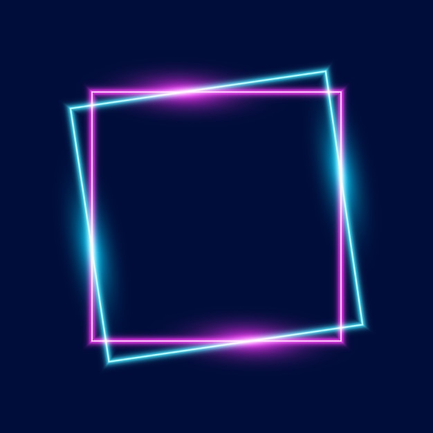 Marco geométrico de neón cuadrados azules y púrpuras ilustración vectorial de fondo