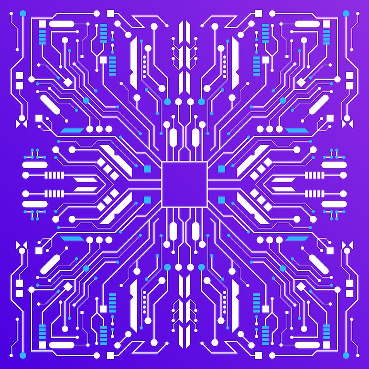 Vector marco geométrico vectorial con patrón de chip de computadora fondo tecnológico con líneas delgadas simétricas y puntos de adorno abstracto de microprocesador diseño de textura para tecnología de desarrollo de hardware