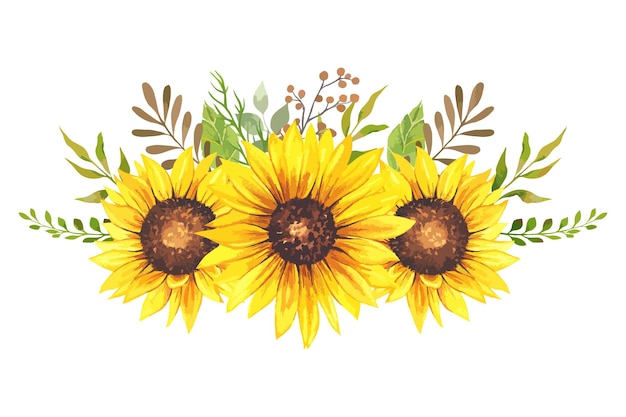 Marco de girasol de acuarela pintado a mano con hojas verdes