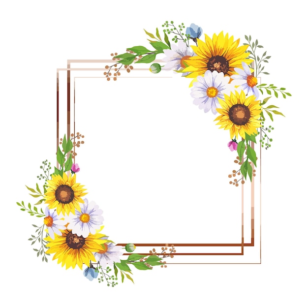 Vector marco de girasoles de acuarela pintado a mano, marco de flores silvestres geométricas