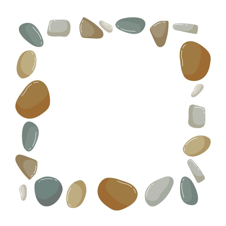 Vector marco de guijarros de playa. marco cuadrado con varias formas de diferentes colores con espacio de copia