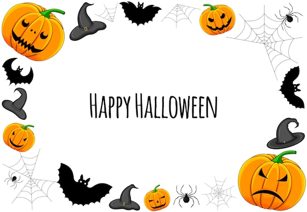 Marco de Halloween para tu texto con atributos tradicionales. Estilo de dibujos animados. Ilustración vectorial.