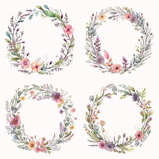 marco hecho de tallos finos de acuarela de flores con flores de colores acuarela de fondo blanco