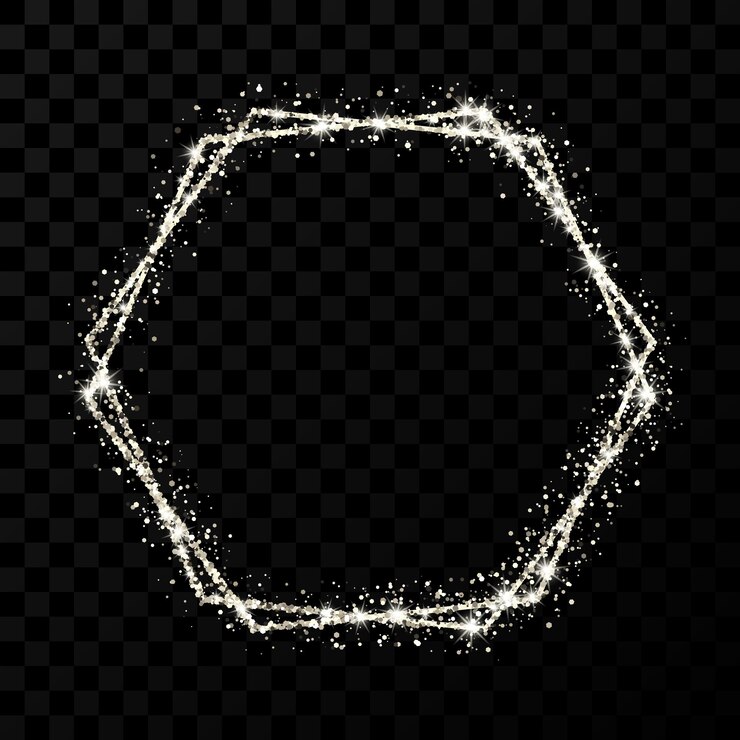 Vector marco hexagonal doble plateado marco brillante moderno con efectos de luz aislado sobre fondo transparente oscuro ilustración vectorial