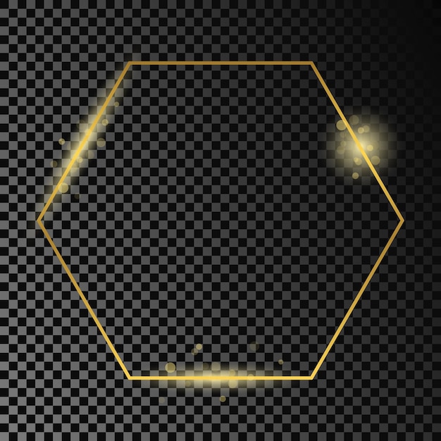 Marco hexagonal dorado brillante aislado sobre fondo transparente oscuro Marco brillante con efectos brillantes Ilustración vectorial