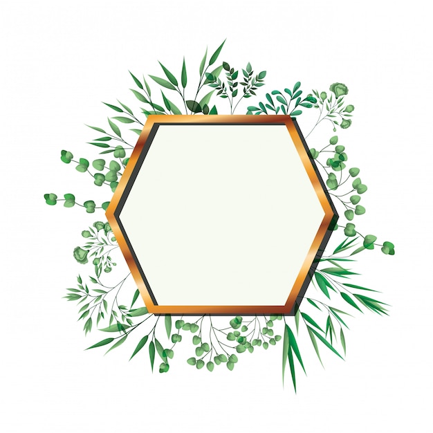 Marco hexagonal dorado con follaje aislado
